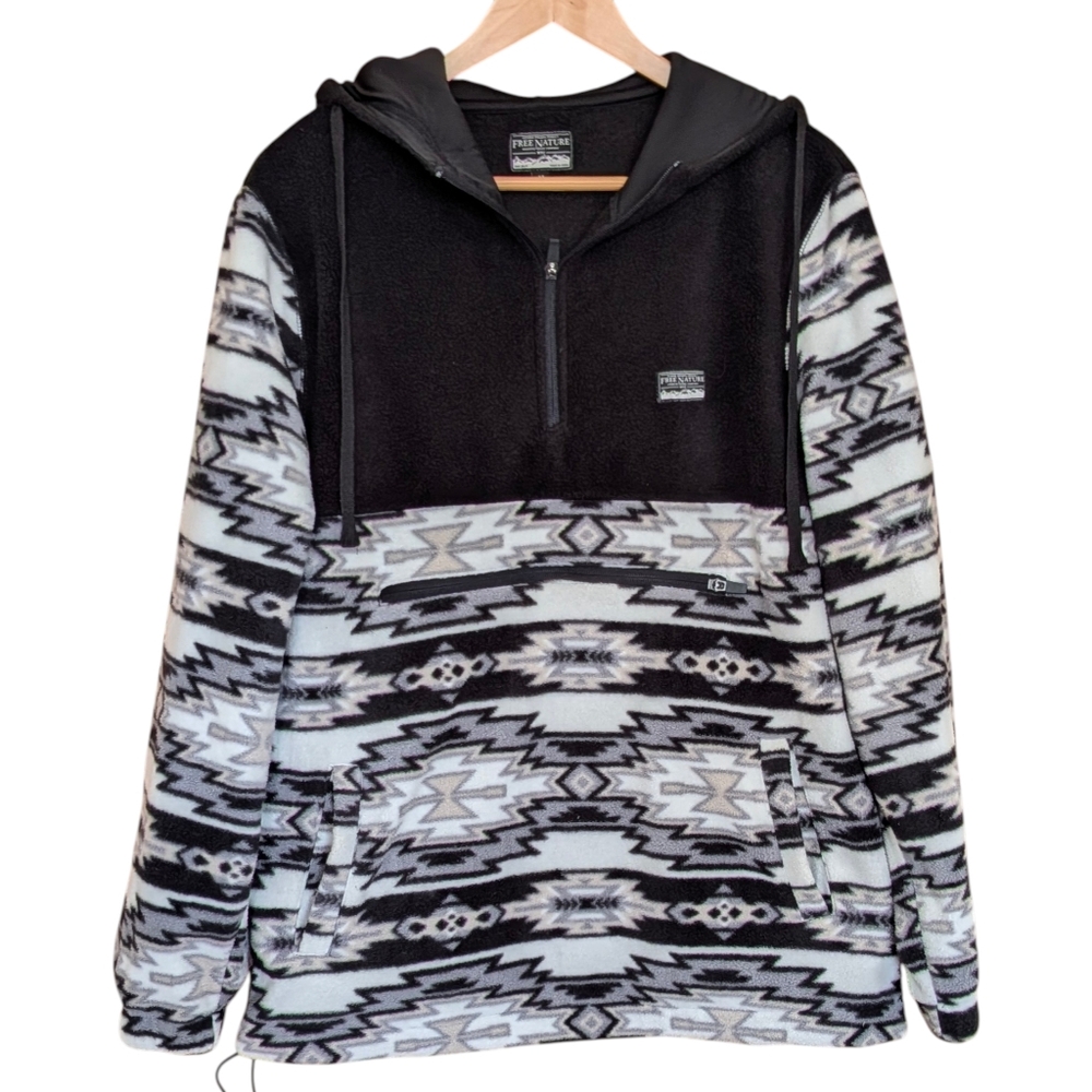 Free Nature Black and White Geometric Fleece Hoodie M Aztec Western Quarter Zip